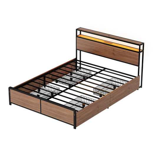 Artiss Metal Bed Frame Double Size with 2-Tier Storage Headboard Metal Platform with 4 Storage Drawers Built MBED-C-SKY-D-BK-ABC