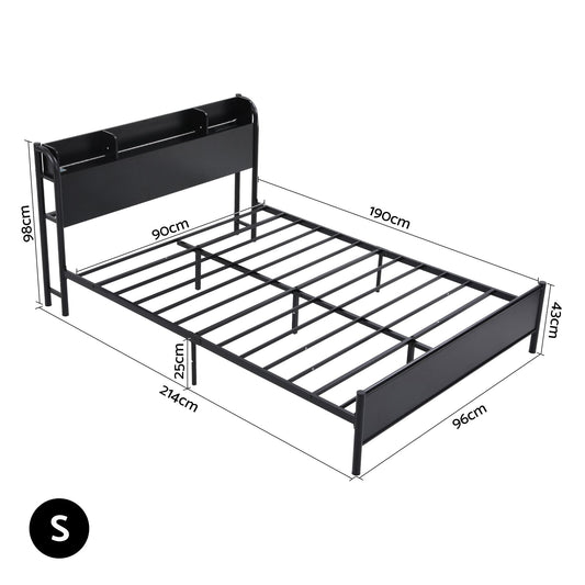 Artiss Bed Frame Single Size with Storage Shelf Headboard Charging Station GRID MBED-D-GRID-S-BK