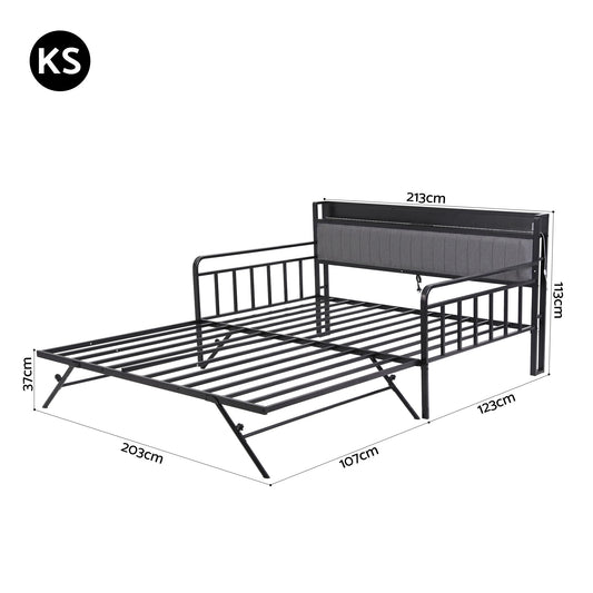 Artiss Bed Frame King Single LED Metal Trundle Daybed with Charging Station TURN MBED-D-TURN-KS-BK-ABC