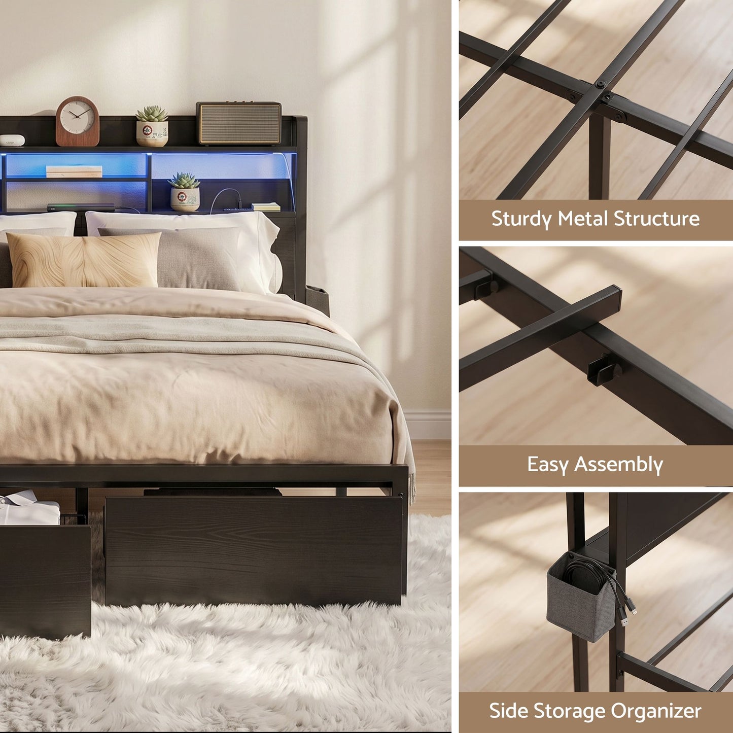 Artiss Bed Frame King with Charging Station Storage Organizer Drawers LED ZAC MBED-D-ZAC-K-BK-AB