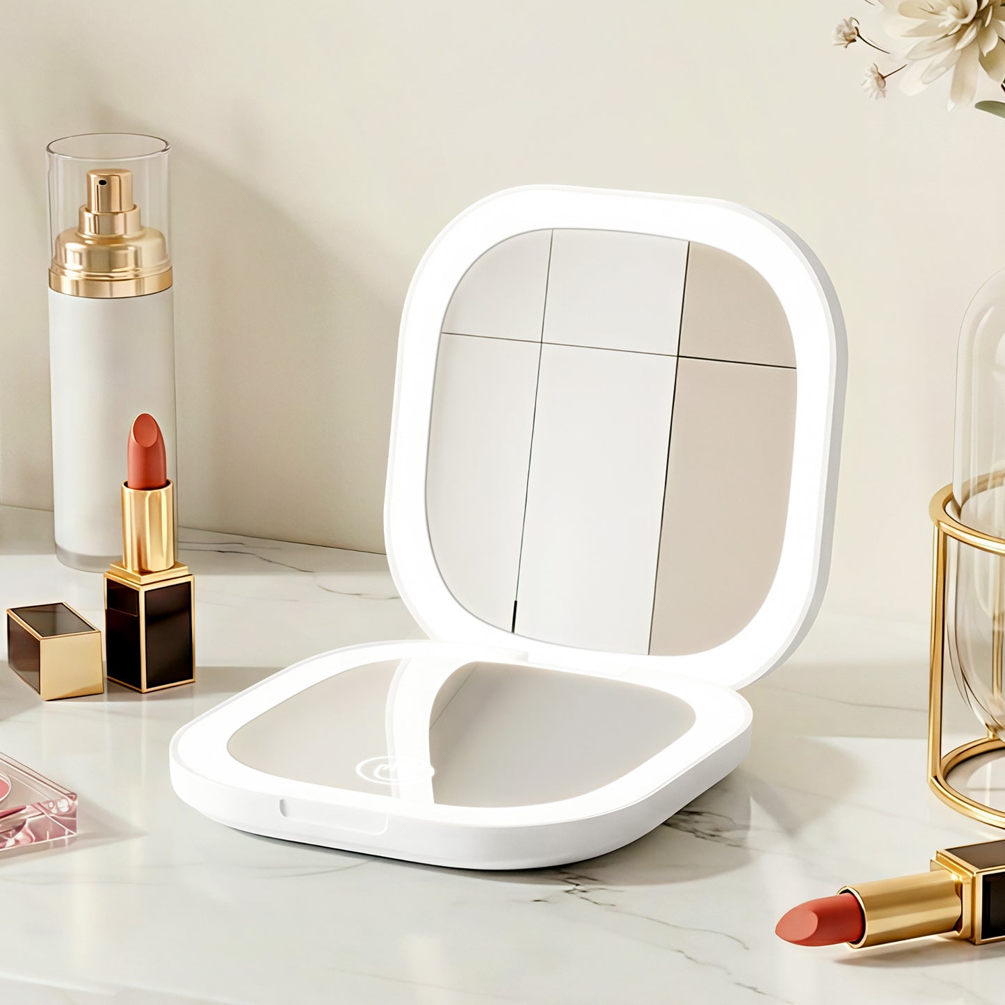 Embellir LED Compact Mirror Lighted Travel Makeup Mirror Pocket-Sized 1x 10x Magnification Square White MM-E-PORT-10X-SQLED-WH