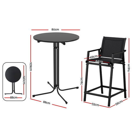 Gardeon 3PC Outdoor Bar Set Stools Dining Chairs Table Patio Furniture Bistro Set Steel Black ODF-BARSET-3TEX-BK