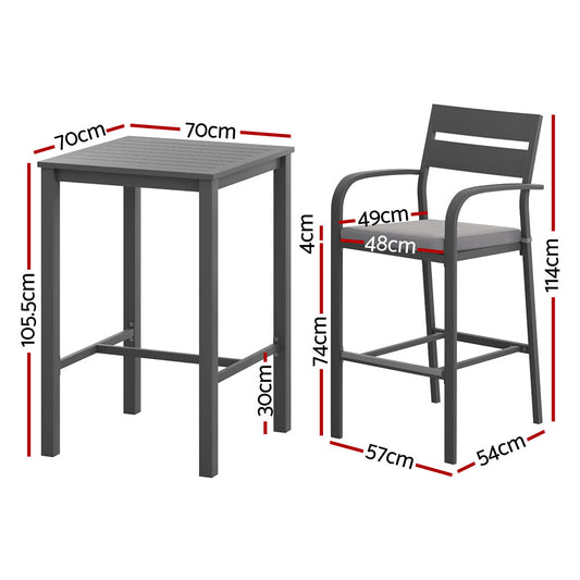 Gardeon 3Pcs Outdoor Bar Set Stools Dining Chairs Table Patio Aluminium Bistro Set Black ODF-BARSET-BK-3SET-AB