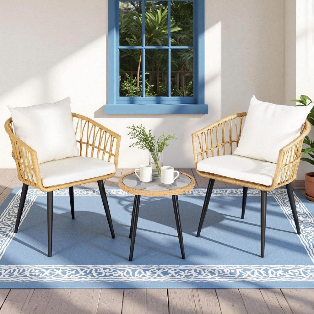 Gardeon 3PC Outdoor Bistro Set Patio Furniture Lounge Setting Table and Chairs Natural ODF-RATTAN-3STL-NTL