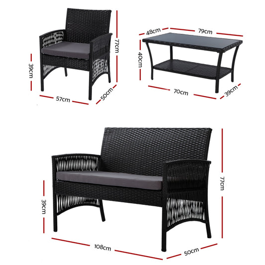 Gardeon 4PCS Outdoor Sofa Set Wicker Harp Chair Table Garden Furniture Black ODF-RATTAN-HARP-BK-AB
