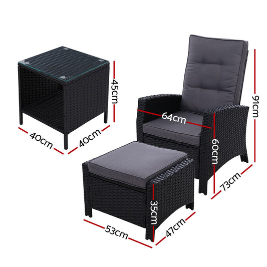 Gardeon 5PC Recliner Chairs Table Sun lounge Wicker Outdoor Furniture Adjustable Black ODF-RECLINER-CHOTTB-5BK