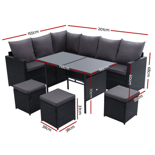 Gardeon Outdoor Dining Set Sofa Lounge Setting Chairs Table Ottoman Black Cover ODF-SDBOSS-3OTM-BK-COVER
