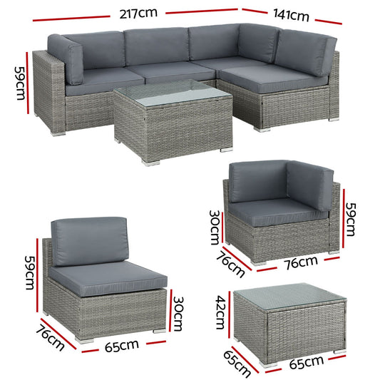 Gardeon 5-Piece Outdoor Sofa Set Wicker Couch Lounge Setting 4 Seater Grey ODF-SOFA-5PCS-HJ-GE-AB