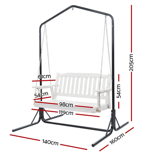 Gardeon Wooden 2-Seater Outdoor Swing Chair with Black Stand White Hanging Chair ODS-1956W-U-WH