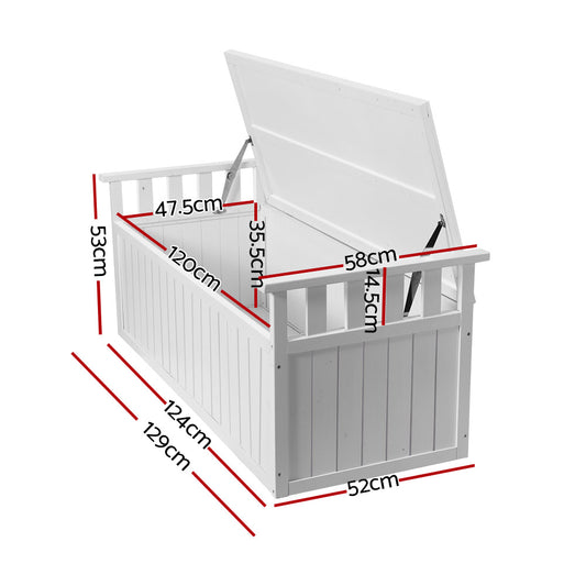 Gardeon Outdoor Storage Bench Box 129cm Wooden Garden Toy Chest Sheds Patio Furniture XL White ODSB-5358W-WH