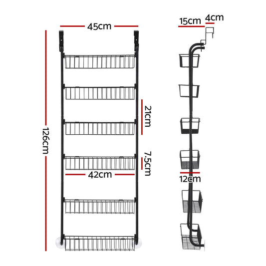 Artiss Over Door Storage Hanger Pantry 6-Tier Metal Hook Hanging Organiser Black OVDS-A-MET01-BK