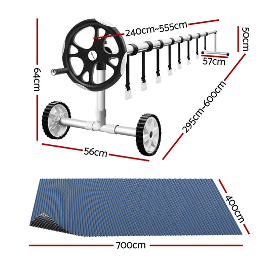 Aqua Buddy Pool Cover 600 Micron 7x4m w/ Roller 5.55m Swimming Pools Black Solar Blanket PC-70X40-XL-BK-BL-ROLLER
