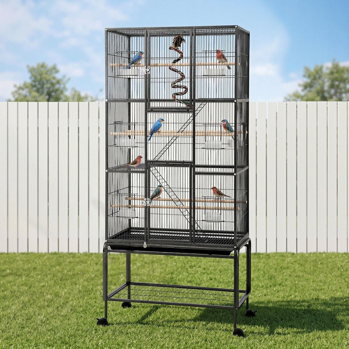 i.Pet 176cm 3-Tier Large Bird Cage Aviary with Ladder Parrot Budgie Wheels Black PET-BIRDCAGE-H176-BK