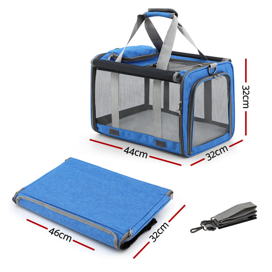 i.Pet Pet Carrier Bag Foldable Dog Cat Durable Crate Travel Cage Portable Car Kennel Blue PET-CARRIER-48X30-BL