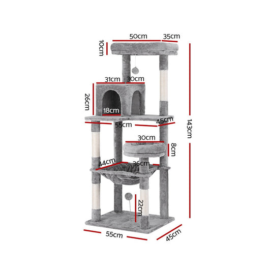 i.Pet Cat Tree Tower Scratching Post Scratcher 143cm Condo House Trees Grey PET-CAT-M143-GR