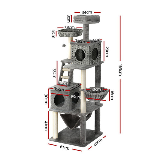 i.Pet Cat Tree 169cm Tower Scratching Post Scratcher Wood Bed Condo House Rattan Ladder PET-CAT-RATTAN02-GR