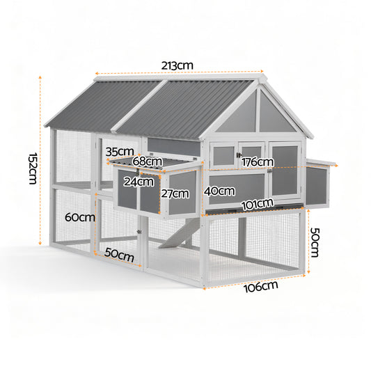 i.Pet Chicken Coop Large Outdoor Rabbit Hutch Chook House Hatch Box With Run Grey White PET-CH-P213-GR-AB
