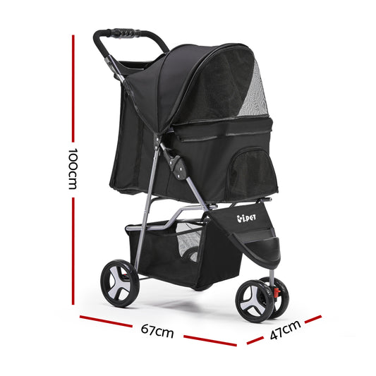 i.Pet Pet Stroller Dog Pram Cat Carrier Large Travel Pushchair Foldable 3 Wheels PET-STROLLER-3WL-BK