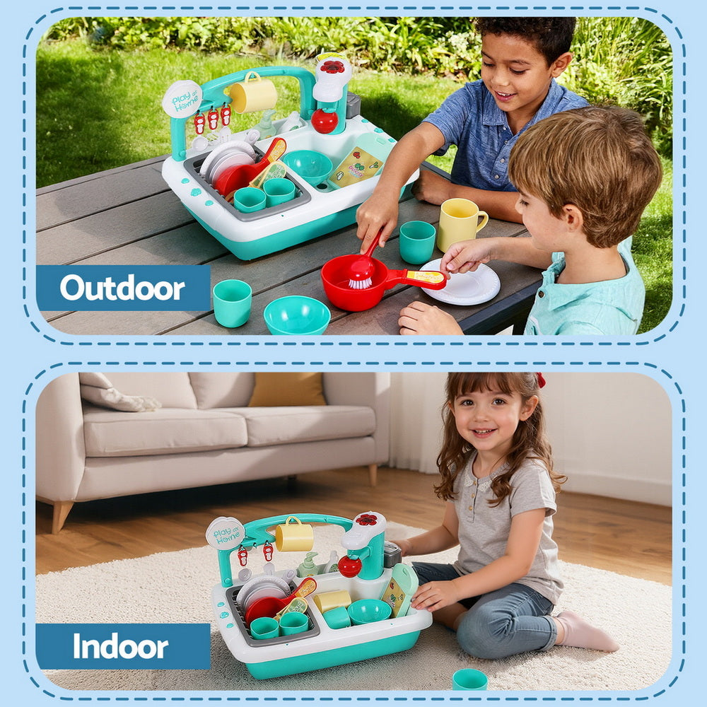 Keezi Kids Kitchen Play Set Play Pretend Sink Dishwasher Toys Green PLAY-SINK-CFL