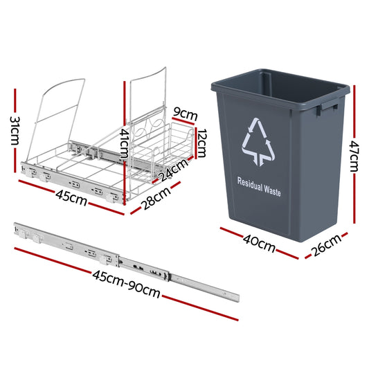 Cefito Pull Out Bin Kitchen Cabinet Slide Garbage Rubbish Bins Basket 40L Grey POT-BIN-40L-GY
