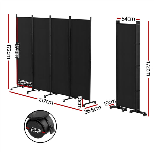 Artiss 4 Panel Room Divider Screen 217cm Wheel Fabric Black RD-D-PLY-217-WHEEL-BK