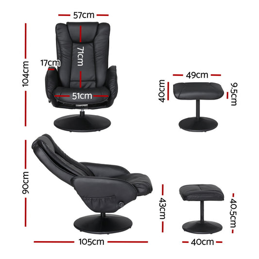 Artiss 2X Recliner Chair Ottoman Heated Massage Black RECLINER-A14-PU-BKX2