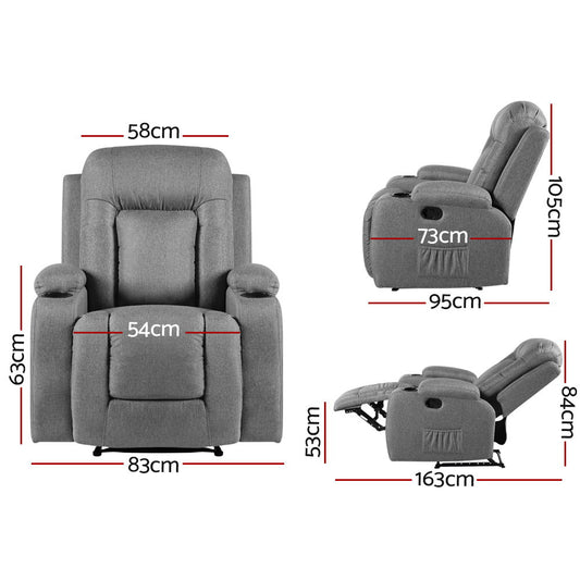 Artiss Recliner Chair Electric Massage Chair Fabric Lounge Sofa Heated Grey RECLINER-A3-LIN-GY