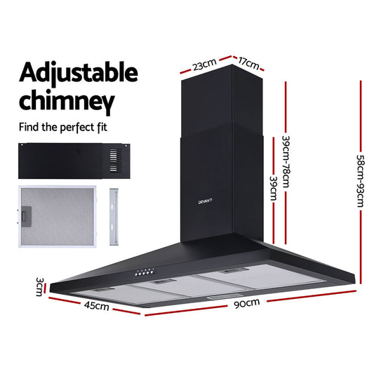 Devanti 900mm Range Hood 90cm Rangehood Black RH-D-A17-90-BK