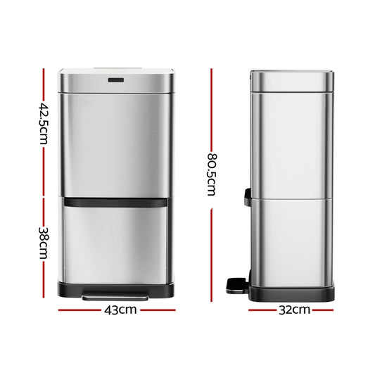Devanti 70L Motion Sensor Bin Pedal Bins Automatic Siver SB-70L-S20-A