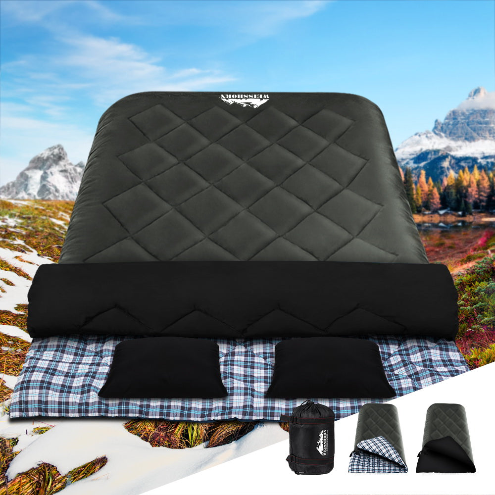 Weisshorn Sleeping Bag Double Pillow Thermal Camping Hiking Tent Grey -10°C SB-ENV-Q-GR