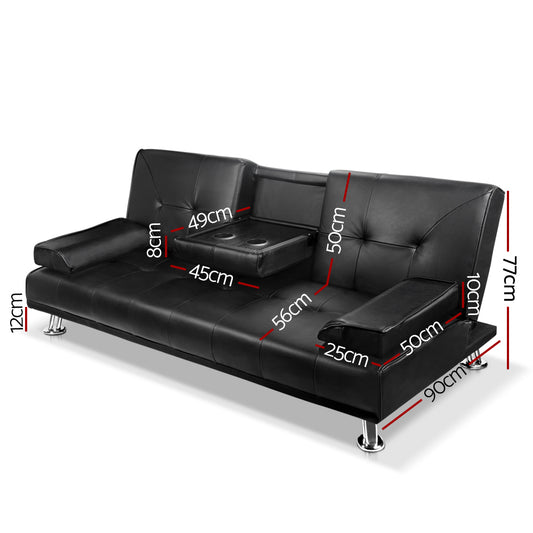 Artiss Sofa Bed Lounge Convertible Leather Couch Bed 3 Seater Cupholder Recliner SBED-R1C-BK