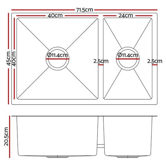 Cefito Kitchen Sink 71X45CM Stainless Steel Basin Double Bowl Silver SINK-7145-R010