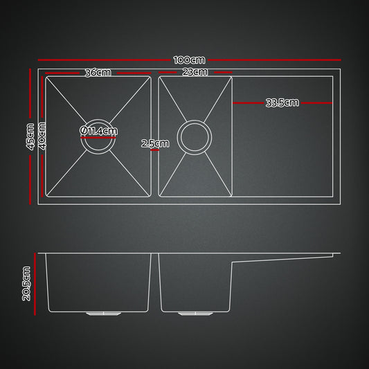 Cefito Stainless Steel Sink 100x45CM With Pull Out Mixer Tap Kitchen Basin Double Bowl Black SINK-BLACK-10045-52