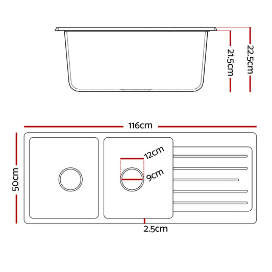 Cefito Kitchen Sink 116x50cm Granite Stone Sink Double Bowl Black SINK-STONE-A-11650-BK