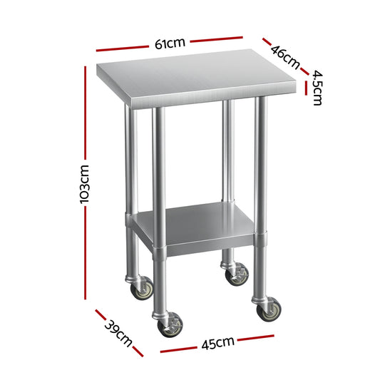 Cefito Stainless Steel Kitchen Benches Work Bench Wheels 61X46CM 430 SSKB-430S-WHEEL-24-18