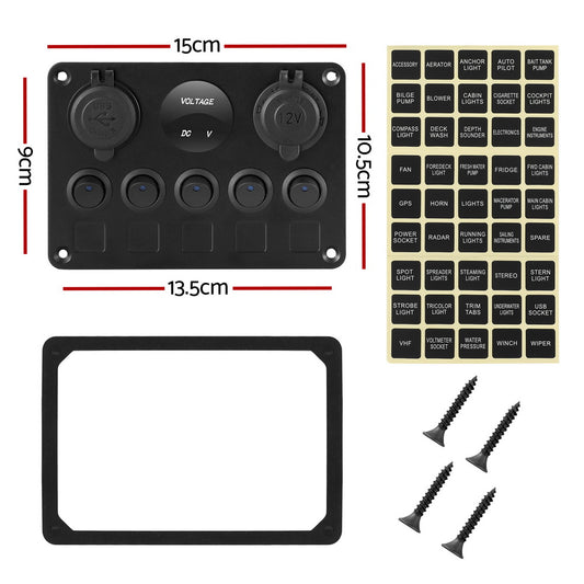 Giantz 5 Gang 12V Switch Panel For Car Boat Marine USB ON-OFF LED Rocker Toggle SWITCH-A-5-LED-BK