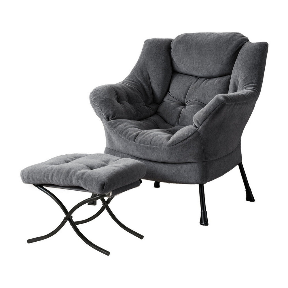 Artiss Armchair Accent Chair Ottoman Lounge Footrest Velvet Grey UPHO-I-ARM01-FS-GY