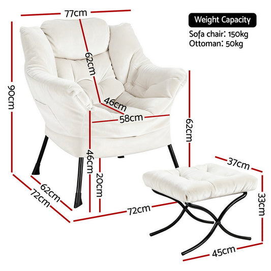 Artiss Armchair Accent Chair Ottoman Lounge Footrest Velvet White UPHO-I-ARM01-FS-WH