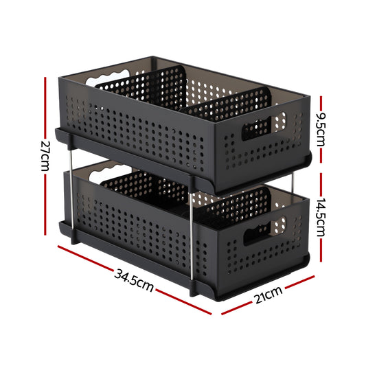 Artiss Under Sink Organizer 2 Tier Pull Out Drawer with Removable Baskets & Divider USS-A-PP-BK