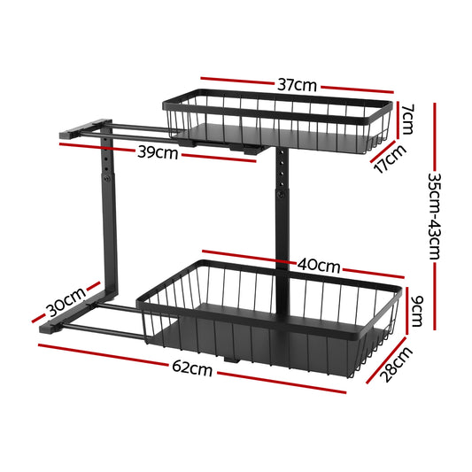 Artiss Under Sink Organizer Storage with 2 Slide Out Drawers 5 Adjustable Height Bathroom Kitchen Cabinet USS-A-STEEL-BK
