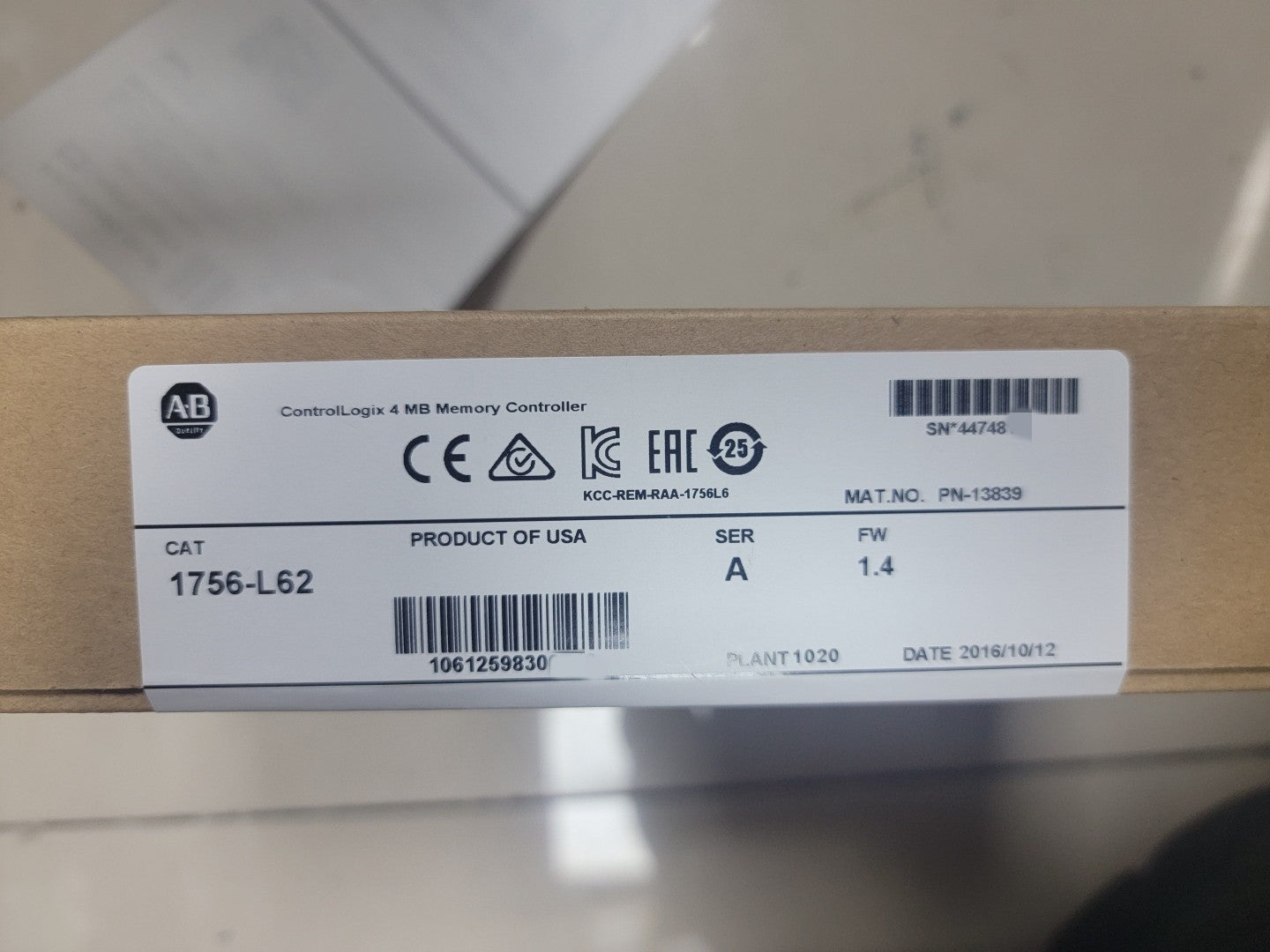 New Allen-Bradley 1756-L62 ControlLogix 4MB Memory Controller AB 1756L62 V1019-1756-L62--NEW
