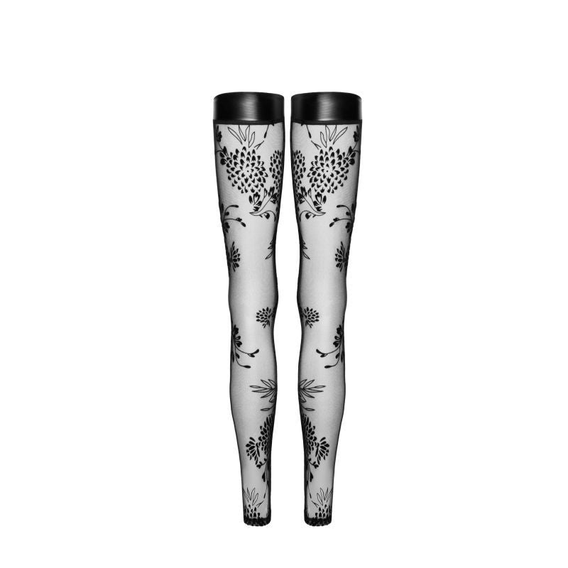 Noir Tulle Stockings W Patterned Flock Embroidery & Power Wetlook Band - Black - Large V1055-7IR45903100035