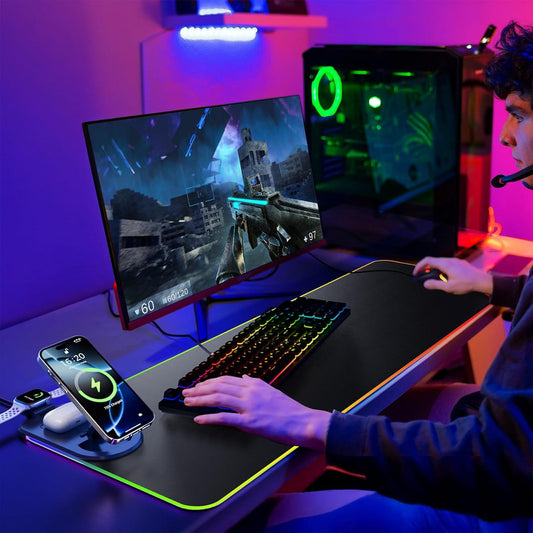 Wireless Charging Mouse Pad 15W RGB Gaming Mousepad Waterproof Desk Mat with Phone Holder 35.4''x11.8'' Extra V1079-MOUSRPADBLACK