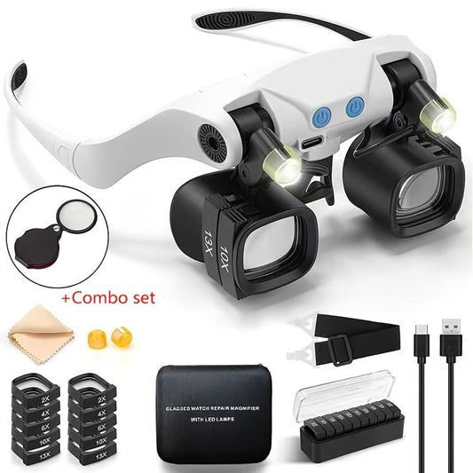 Black binocular magnifying glasses, LED lights, hands-free magnifier, adjustable magnification, high-powered V1102-108-BLA-86711