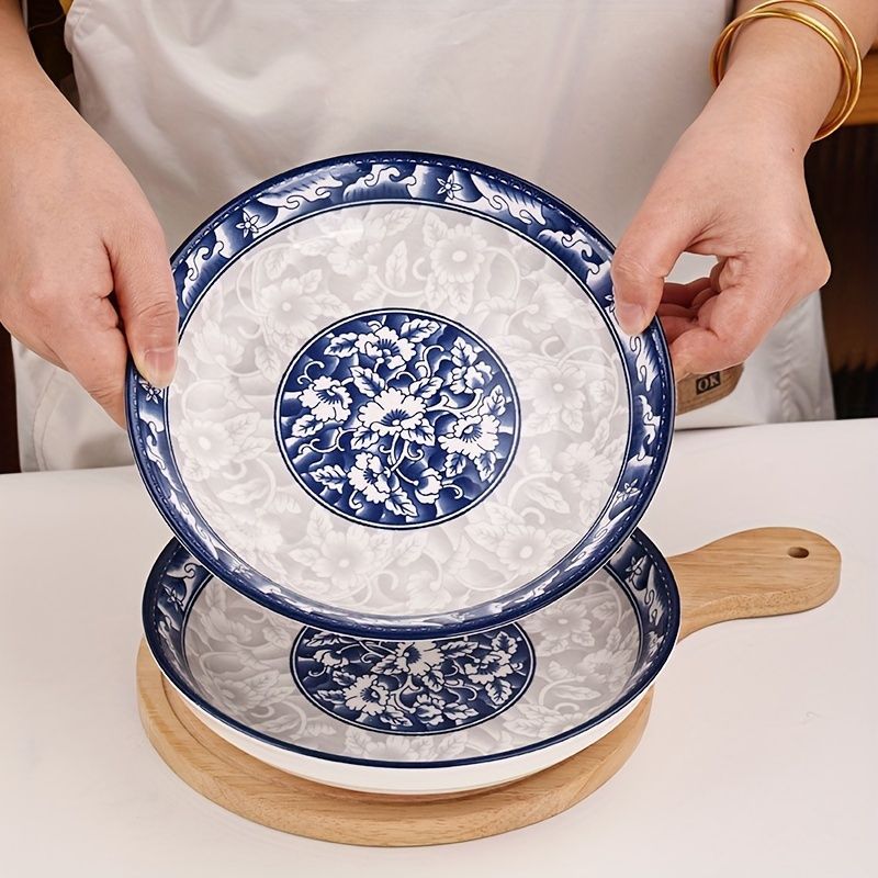 blue-and-white porcelain plate, 8.2-inch ceramic plate, floral design plate, microwave safe plate, Chinese style plate, festive dining plate, traditional Chinese porcelain, round ceramic plate, gift idea, elegant tableware - Cyan - Size 6pcs