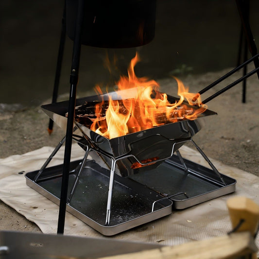 Silver camping grill, foldable grill, stainless steel grill, outdoor grill, portable grill, camping cookware, V1102-132-02794