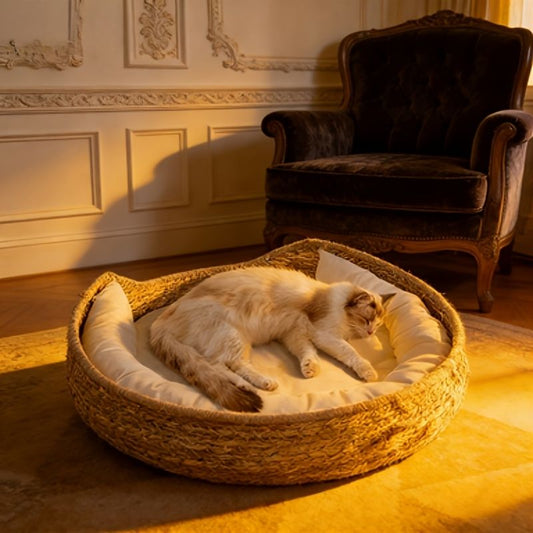 round woven cat bed, cat bed Australia, woven cat bed, cat furniture, cat resting place, cat comfort bed, pet V1102-135-WHI-54361