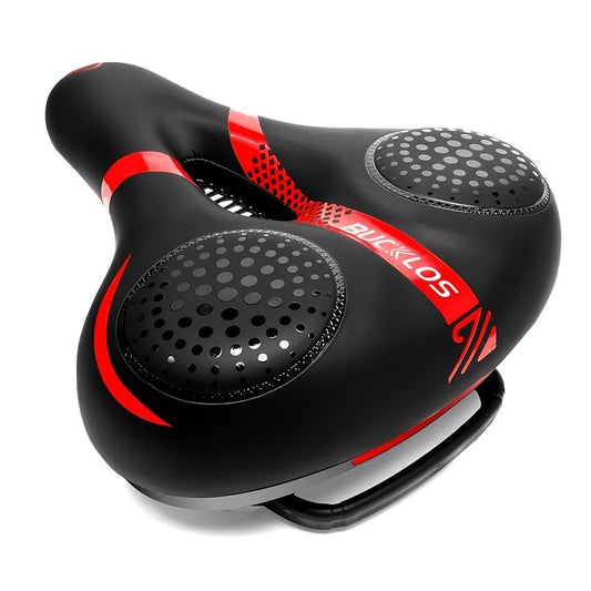 BUCKLOS saddle, wide cycling saddle, high-quality bike saddle, breathable bike saddle, black and red saddle, V1102-140-BLA-94042