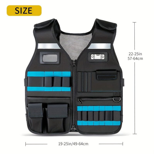 tool vest, multi pocket vest, industrial tool vest, work safety vest, tool storage vest, breathable work V1102-144-BLA-68377
