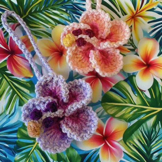 Hibiscus Car Ornaments, Crochet Hawaiian Tropical Flower Bag Charms Decoration Car Mirror Beach Accessories V1102-B0DXRFJDMZ